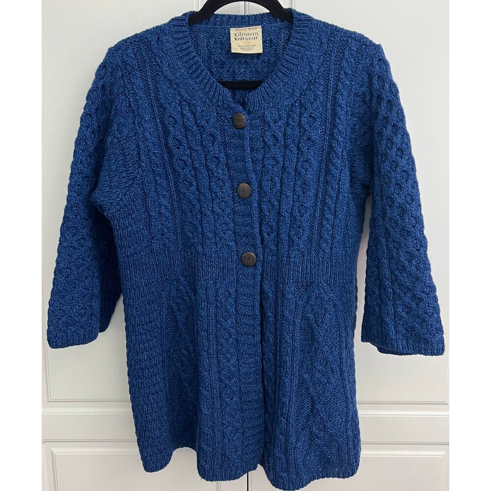 Kilronan Knitwear Merino Wool 3 Button Blue Cardigan Sweater 3/4 Sleeve Size L